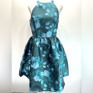Wendy Bird Formal Party Dress Teal Blue Rose Print Satin Halter Neck Coquette